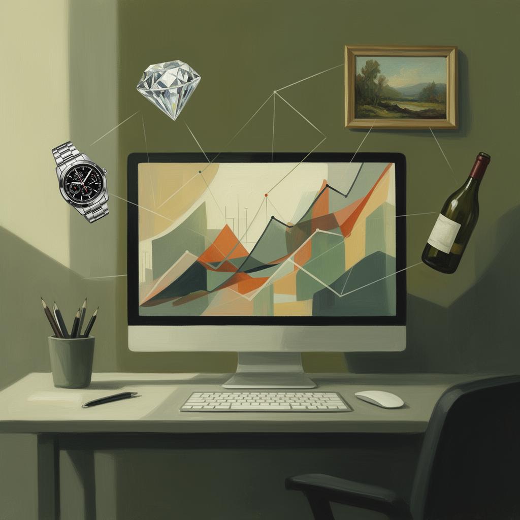 Insurance broker reviewing valuable articles coverage on screen with luxury watches, jewelry, and fine art